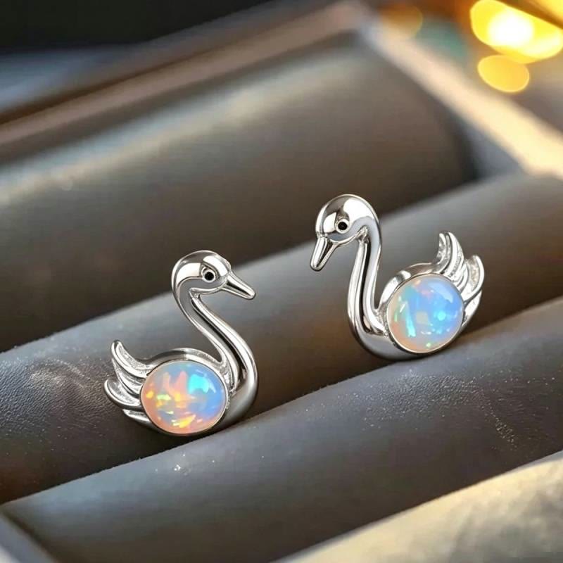FREE Today: Tiny Frog Penguin Swan White Fire Opal Stud Animal Earrings Lover Gift - Swan - Silver - image 20