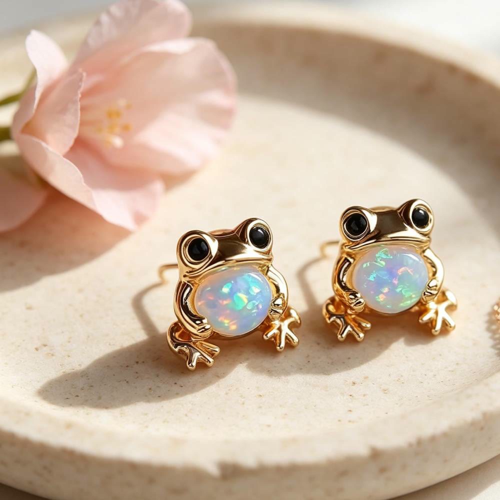 Olivenorma Tiny Frog Penguin Swan White Fire Opal Stud Animal Earrings Lover Gift - image 2