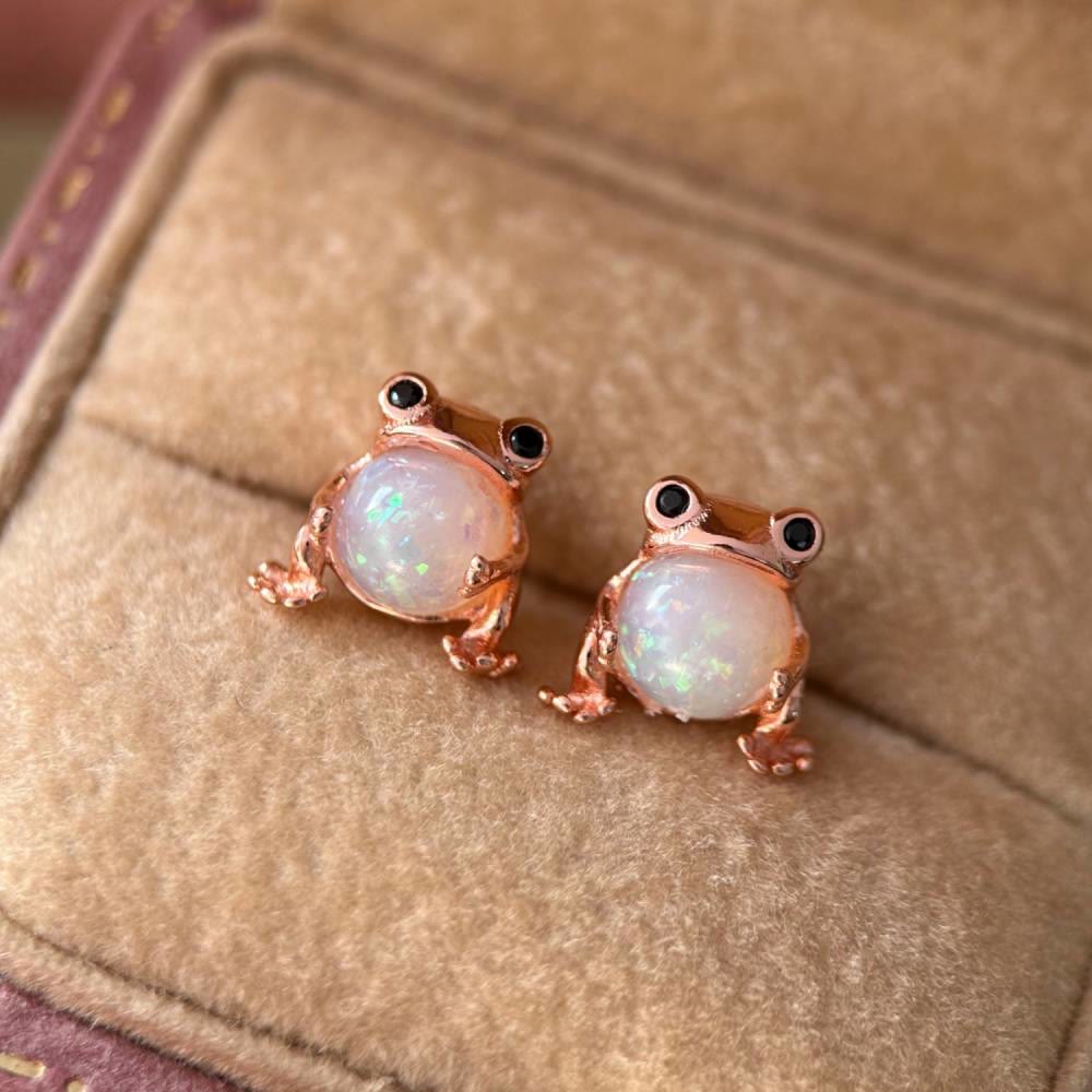 FREE Today: Tiny Frog Penguin Swan White Fire Opal Stud Animal Earrings Lover Gift - Frog - Rose Gold - image 7