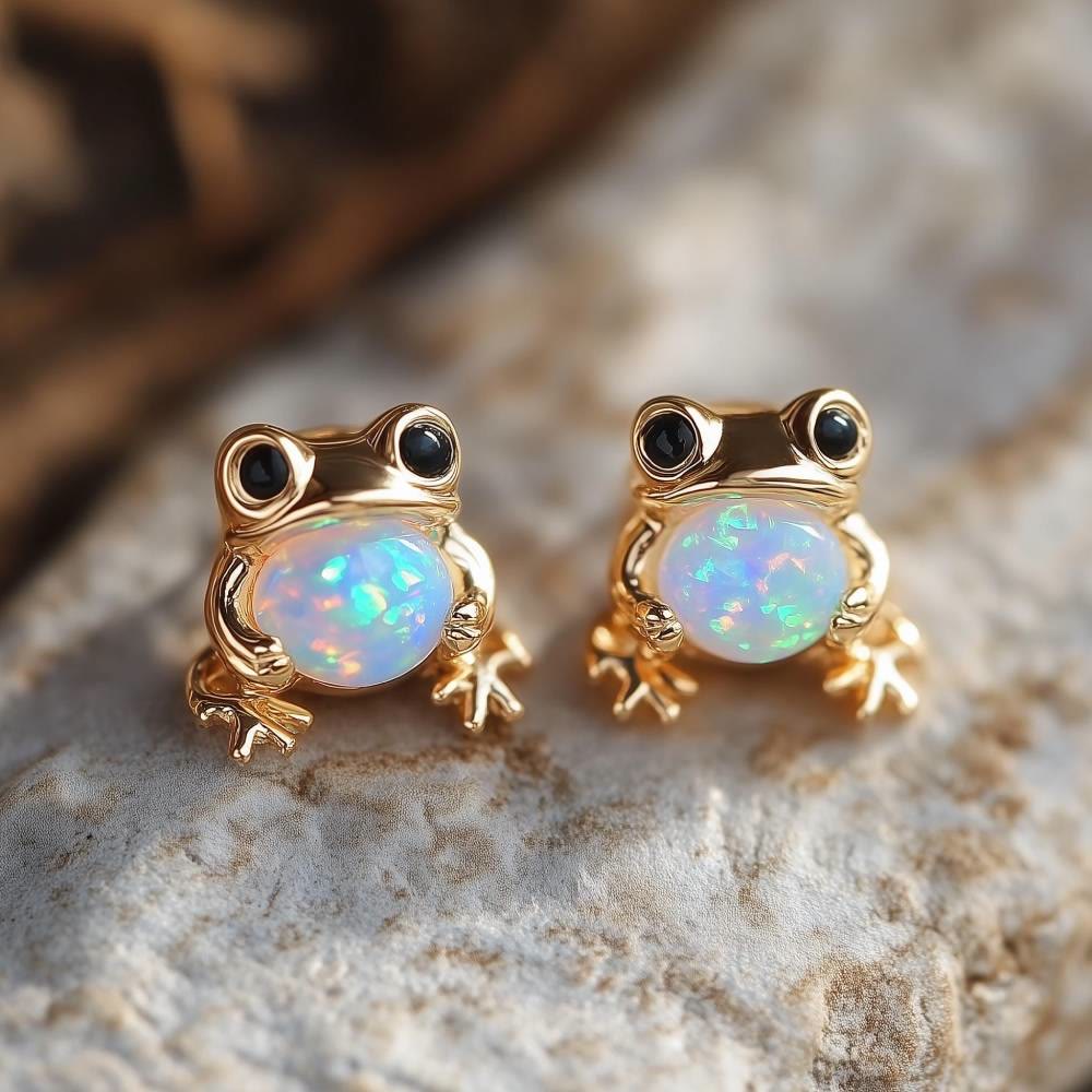 FREE Today: Tiny Frog Penguin Swan White Fire Opal Stud Animal Earrings Lover Gift - Frog - Gold - image 0