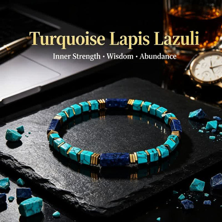Olivenorma Natural Stone Beaded Design & Strength Protection Symbol Bracelet - Turquoise & Lapis Lazuli - image 22