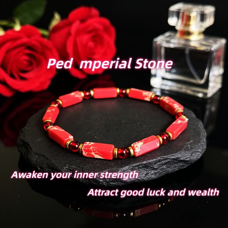 Olivenorma Natural Stone Beaded Design & Strength Protection Symbol Bracelet - Red mperial Stone - image 16