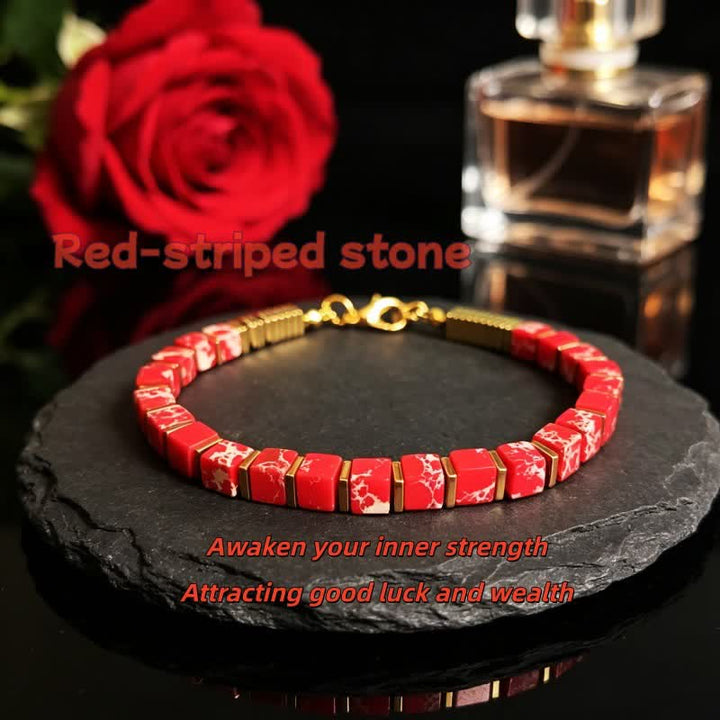 Olivenorma Natural Stone Beaded Design & Strength Protection Symbol Bracelet - Red-striped Stone - image 31