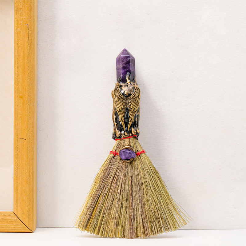 Olivenorma Multi Gemstone Mini Broom Handcrafted Design Symbolizes Blessing Ornament - Amethyst - image 17