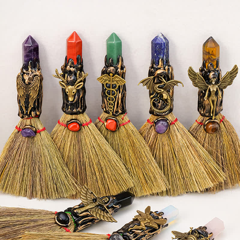 Olivenorma Multi Gemstone Mini Broom Handcrafted Design Symbolizes Blessing Ornament - image 1