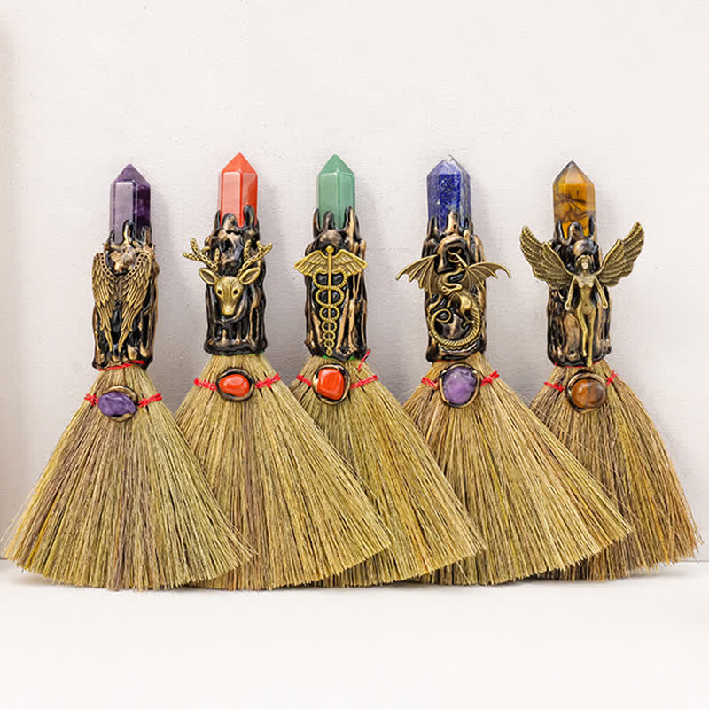 Olivenorma Multi Gemstone Mini Broom Handcrafted Design Symbolizes Blessing Ornament - image 0