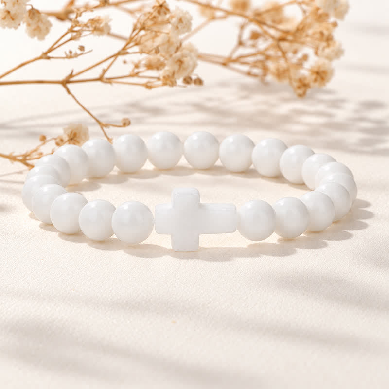 Olivenorma Multi Natural Gemstone Cross Beaded Minimalist Design Symbolizes Faith Bracelet - White Porcelain - image 11