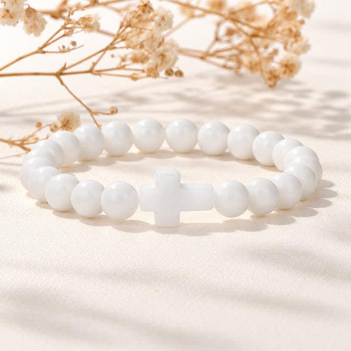 Olivenorma Multi Natural Gemstone Cross Beaded Minimalist Design Symbolizes Faith Bracelet - White Porcelain - image 11