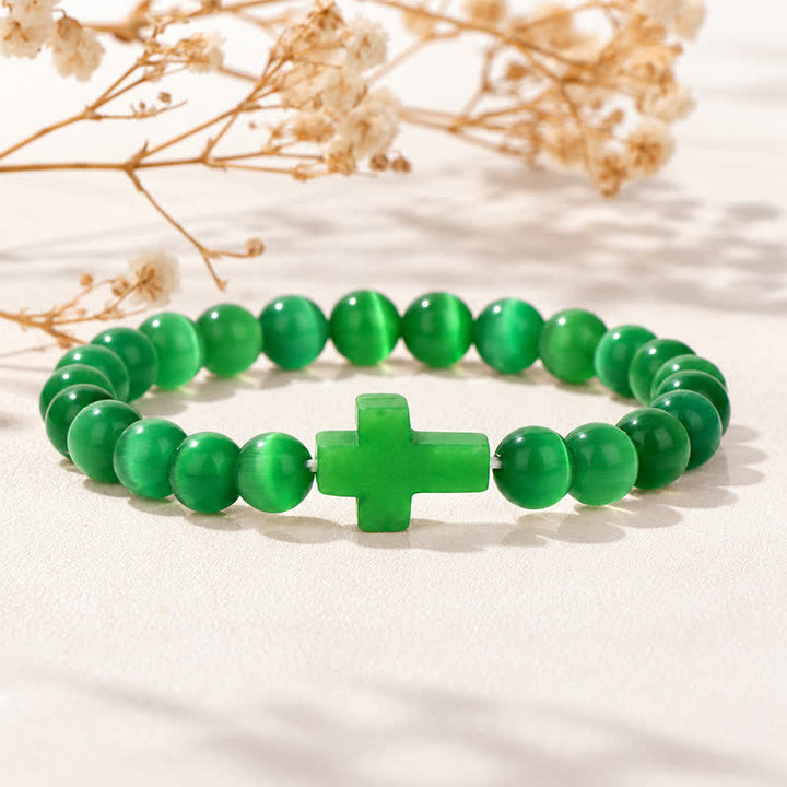 Olivenorma Multi Natural Gemstone Cross Beaded Minimalist Design Symbolizes Faith Bracelet - Green Cat's Eye - image 13