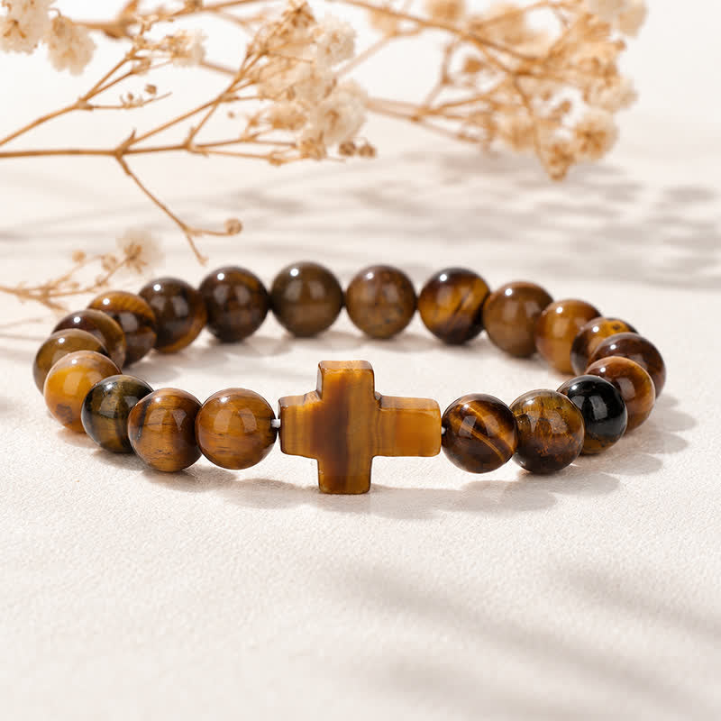 Olivenorma Multi Natural Gemstone Cross Beaded Minimalist Design Symbolizes Faith Bracelet - Yellow Tiger's Eye - image 16