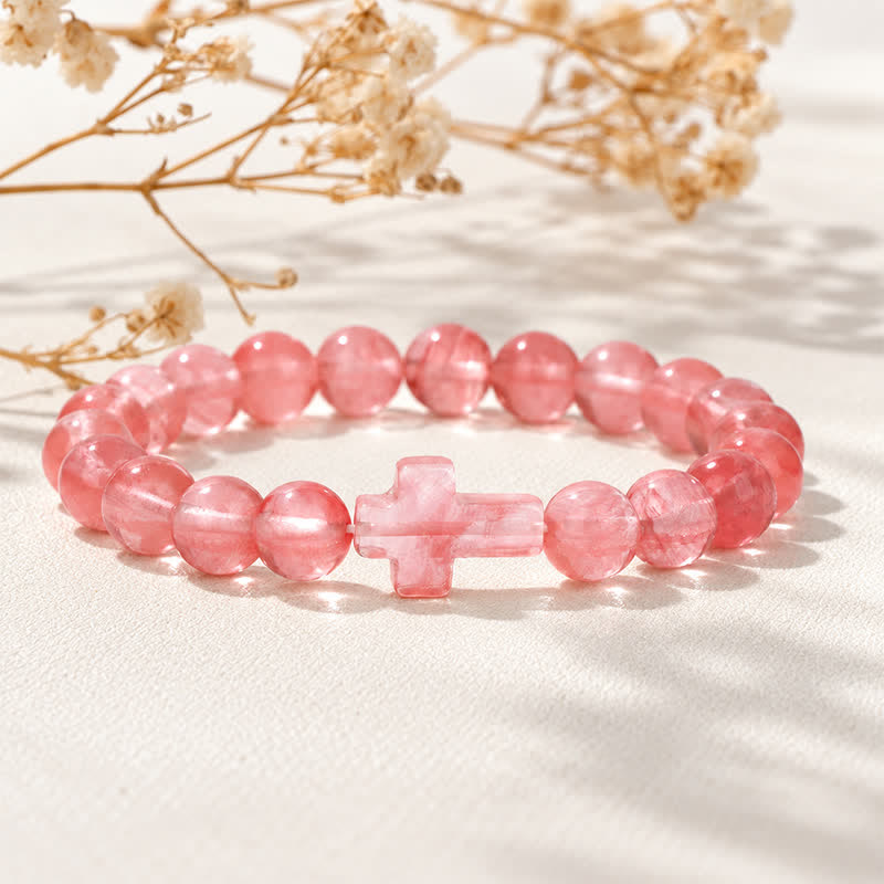 Olivenorma Multi Natural Gemstone Cross Beaded Minimalist Design Symbolizes Faith Bracelet - Red Watermelon Stone - image 22