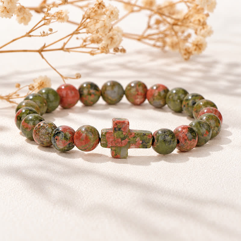 Olivenorma Multi Natural Gemstone Cross Beaded Minimalist Design Symbolizes Faith Bracelet - Unakite - image 24