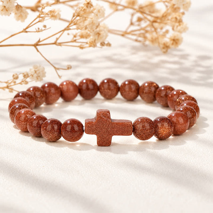 Olivenorma Multi Natural Gemstone Cross Beaded Minimalist Design Symbolizes Faith Bracelet - Gold Sand Stone - image 29