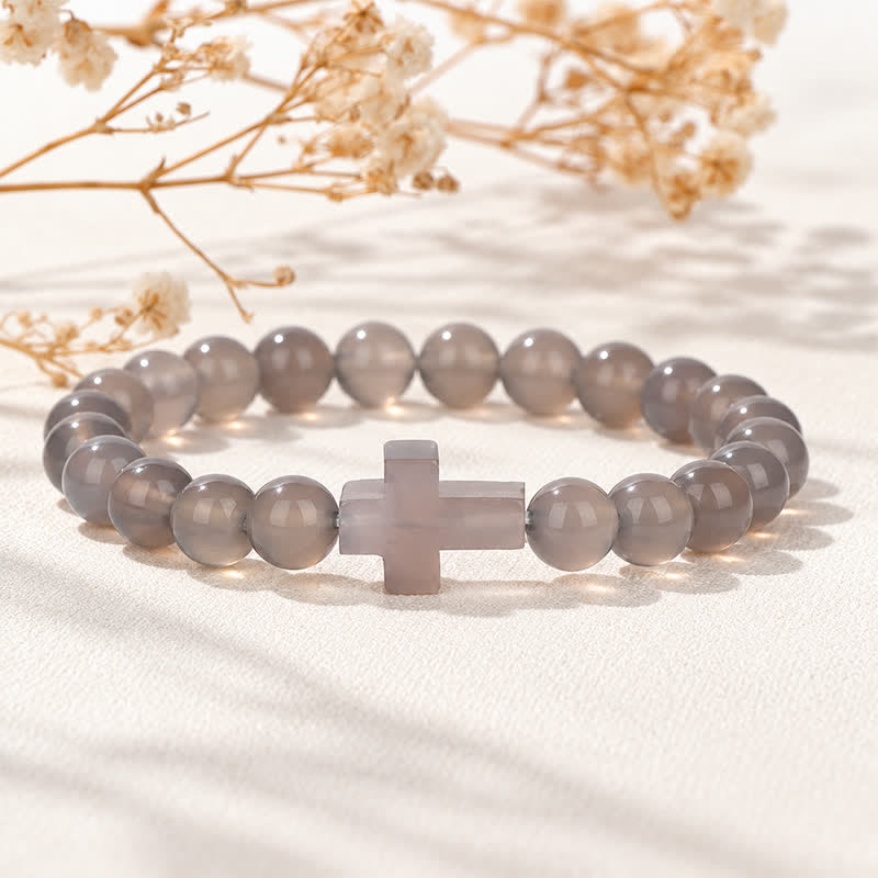 Olivenorma Multi Natural Gemstone Cross Beaded Minimalist Design Symbolizes Faith Bracelet - Grey Agate - image 36
