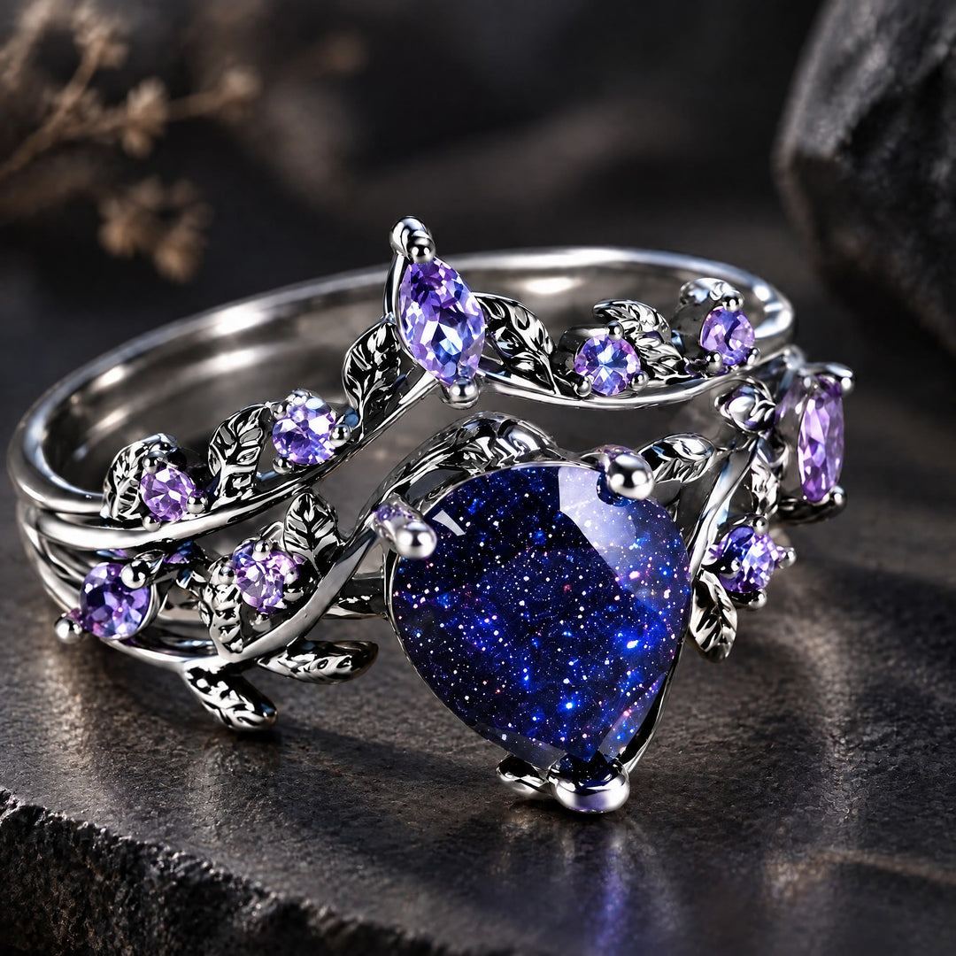 Promise Purple Pear Galaxy Blue Sandstone Couple's Rings - image 2