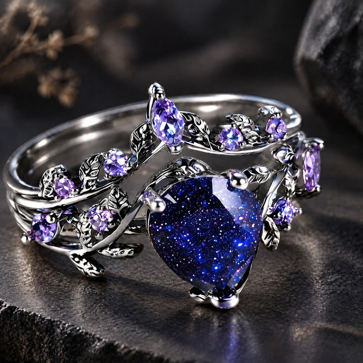 Promise Purple Pear Galaxy Blue Sandstone Couple's Rings - image 2