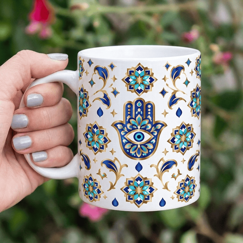 Olivenorma Hamsa Hand Evil Eye Blessing Protection Ceramic Cup - White - 450ml / 15oz - image 0