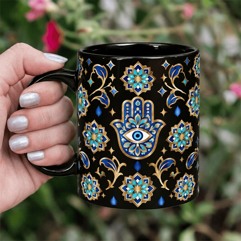 Olivenorma Hamsa Hand Evil Eye Blessing Protection Ceramic Cup - Black - 450ml / 15oz - image 5