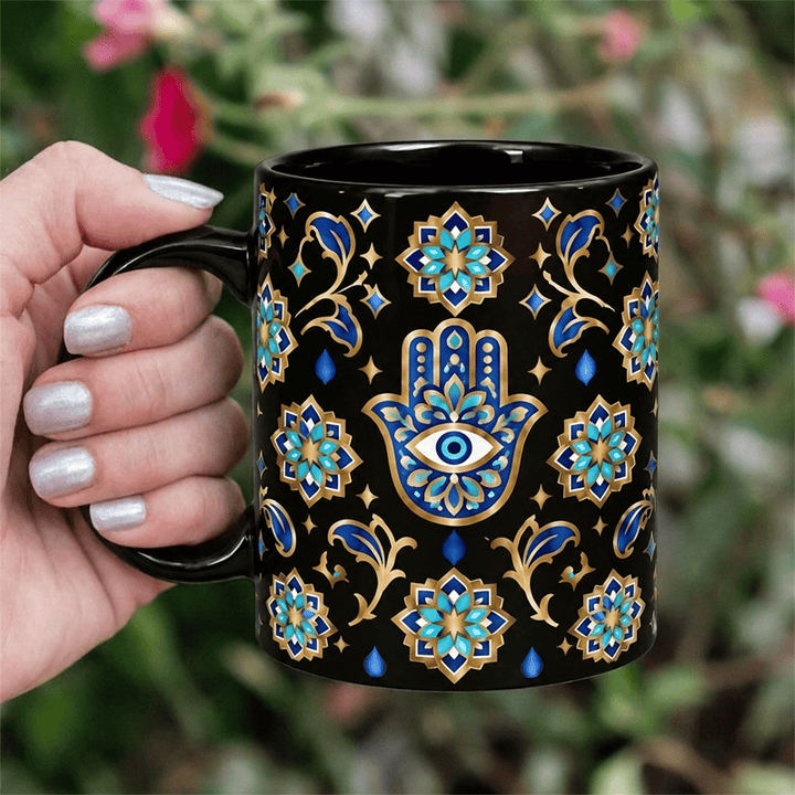 Olivenorma Hamsa Hand Evil Eye Blessing Protection Ceramic Cup - Black - 450ml / 15oz - image 5