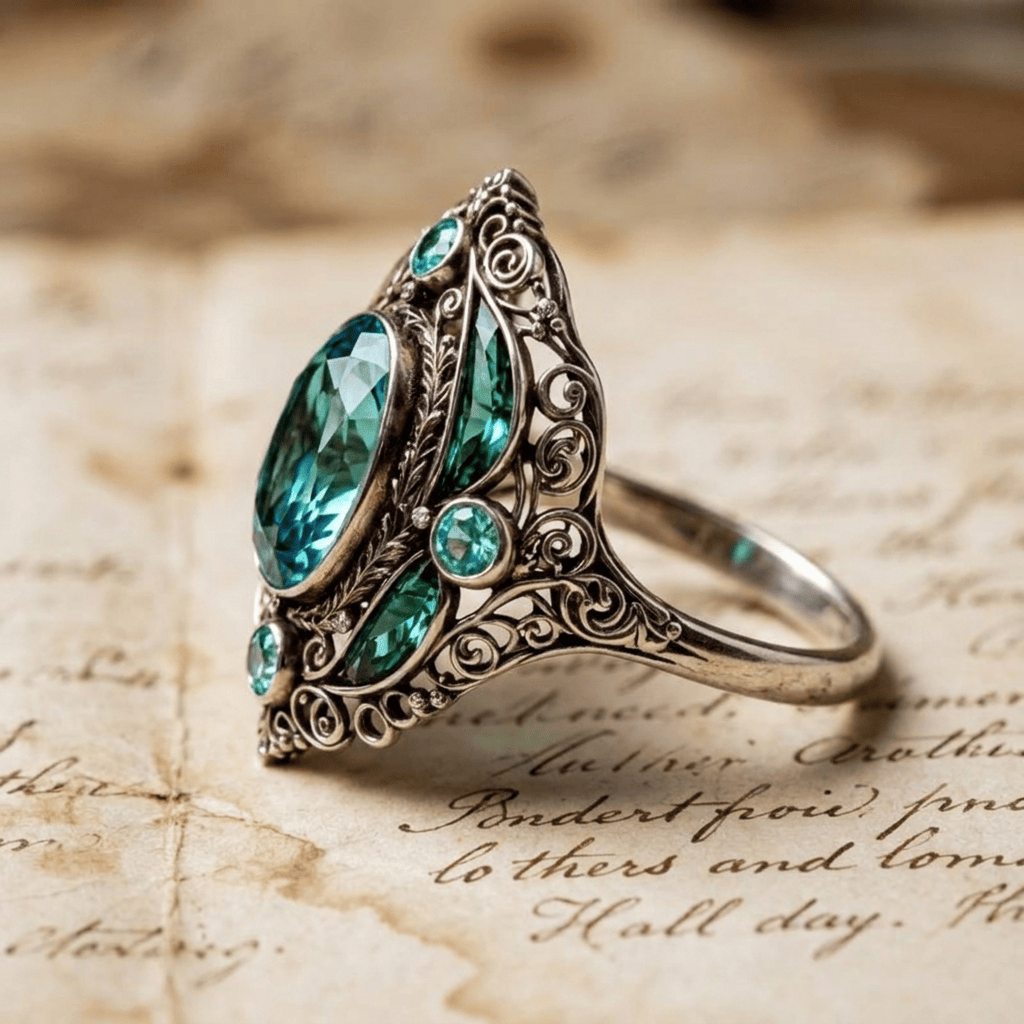 FREE Today: Vintage Baroque Oval Aquamarine Ring Luxury Filigree Emerald Cocktail Ring - image 4