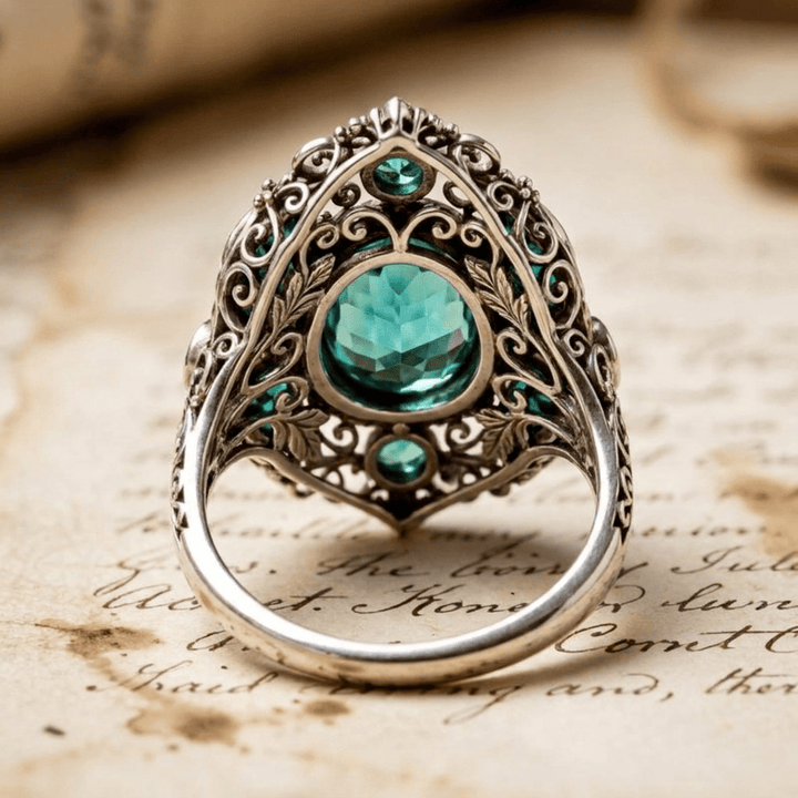 FREE Today: Vintage Baroque Oval Aquamarine Ring Luxury Filigree Emerald Cocktail Ring - image 5