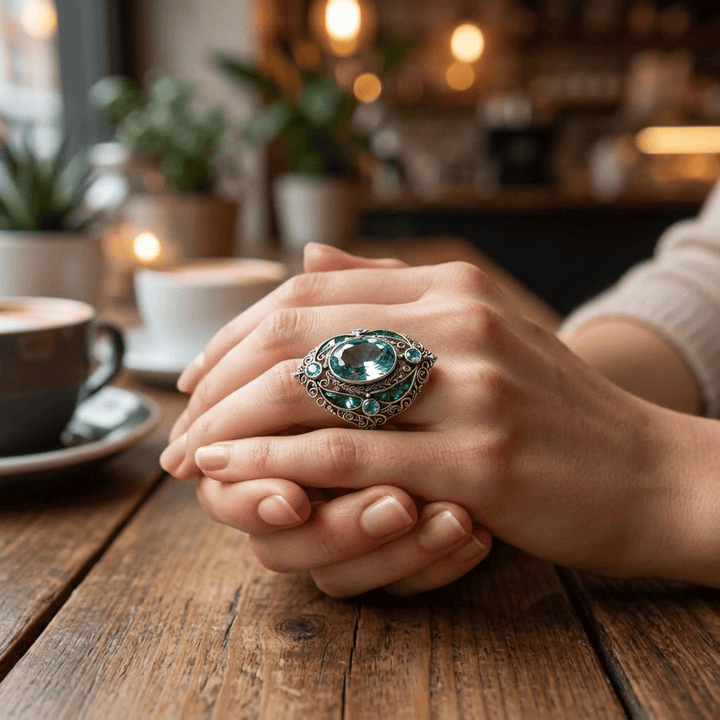 FREE Today: Vintage Baroque Oval Aquamarine Ring Luxury Filigree Emerald Cocktail Ring - image 3