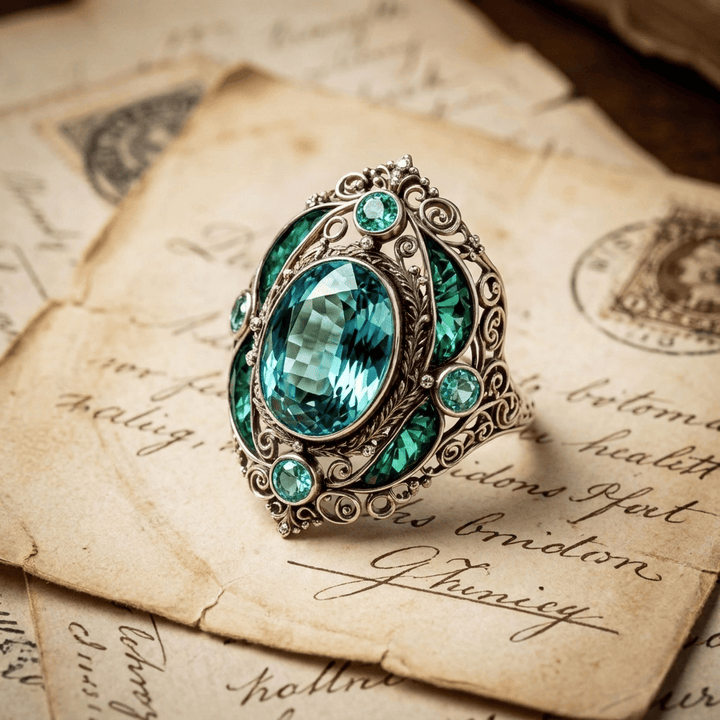 FREE Today: Vintage Baroque Oval Aquamarine Ring Luxury Filigree Emerald Cocktail Ring - image 7