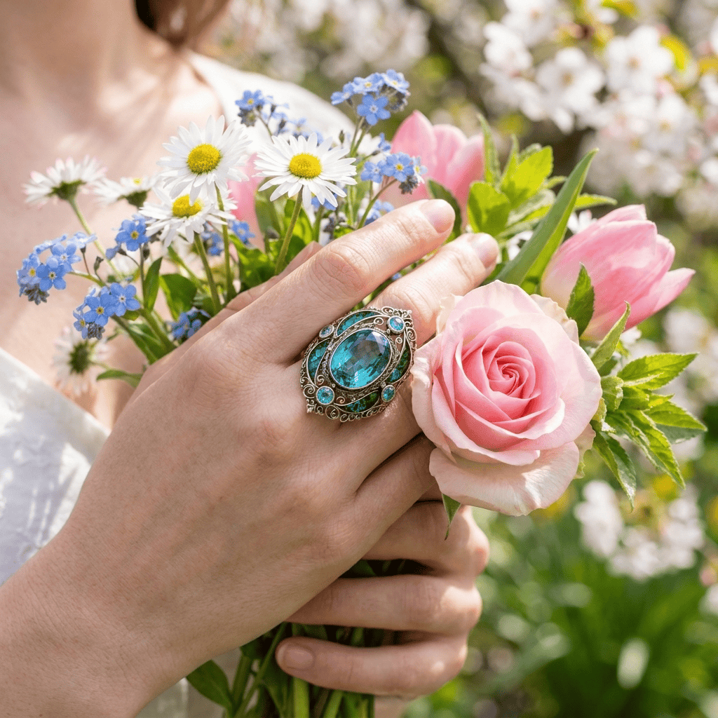 FREE Today: Vintage Baroque Oval Aquamarine Ring Luxury Filigree Emerald Cocktail Ring - image 2