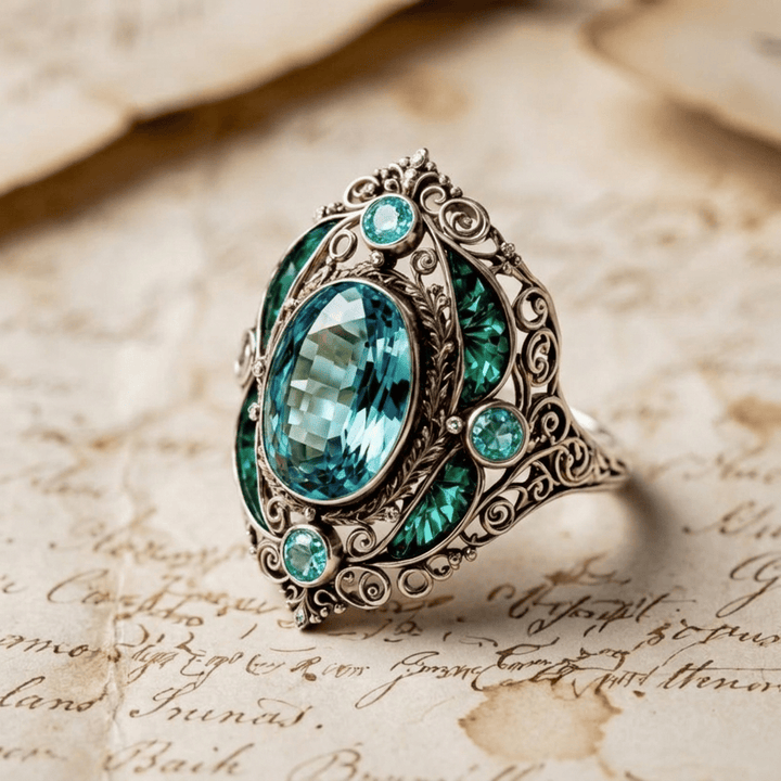 FREE Today: Vintage Baroque Oval Aquamarine Ring Luxury Filigree Emerald Cocktail Ring - image 6