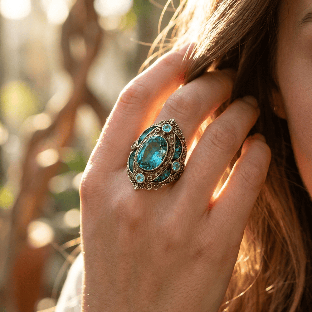 FREE Today: Vintage Baroque Oval Aquamarine Ring Luxury Filigree Emerald Cocktail Ring - image 1