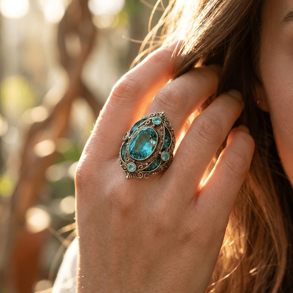 FREE Today: Vintage Baroque Oval Aquamarine Ring Luxury Filigree Emerald Cocktail Ring - image 1