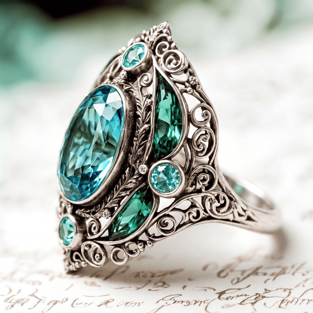 FREE Today: Vintage Baroque Oval Aquamarine Ring Luxury Filigree Emerald Cocktail Ring - image 8