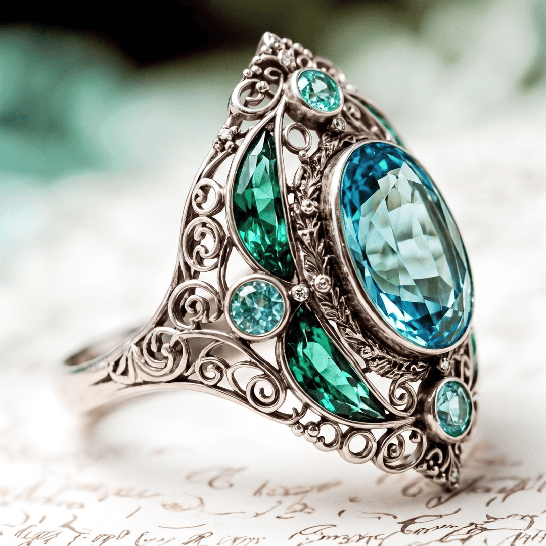 FREE Today: Vintage Baroque Oval Aquamarine Ring Luxury Filigree Emerald Cocktail Ring - image 10
