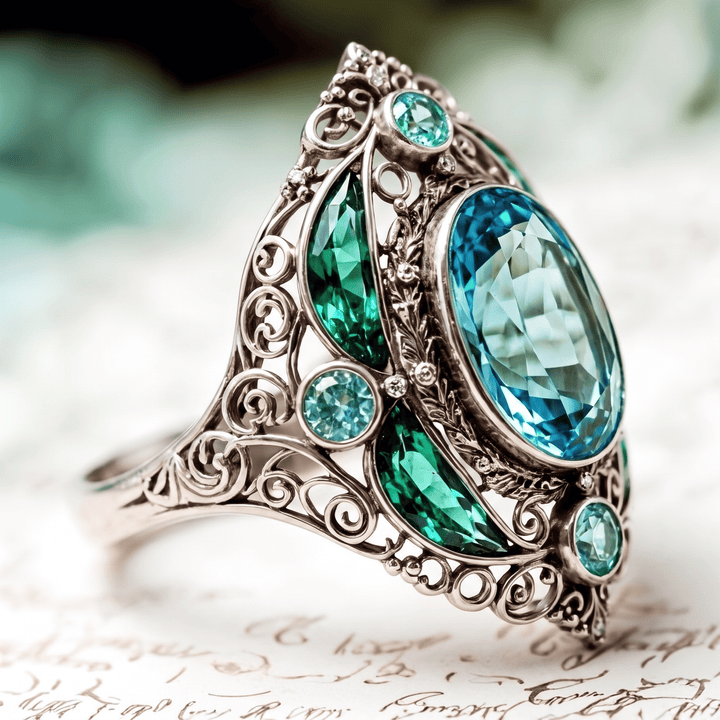FREE Today: Vintage Baroque Oval Aquamarine Ring Luxury Filigree Emerald Cocktail Ring - image 10