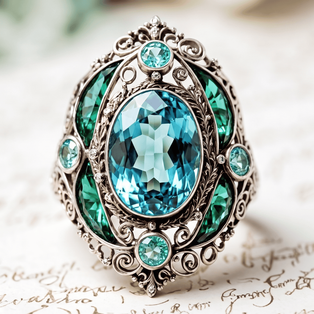 FREE Today: Vintage Baroque Oval Aquamarine Ring Luxury Filigree Emerald Cocktail Ring - image 9