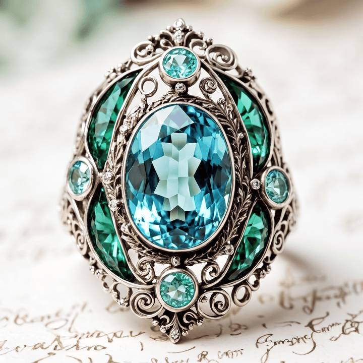 FREE Today: Vintage Baroque Oval Aquamarine Ring Luxury Filigree Emerald Cocktail Ring - image 9