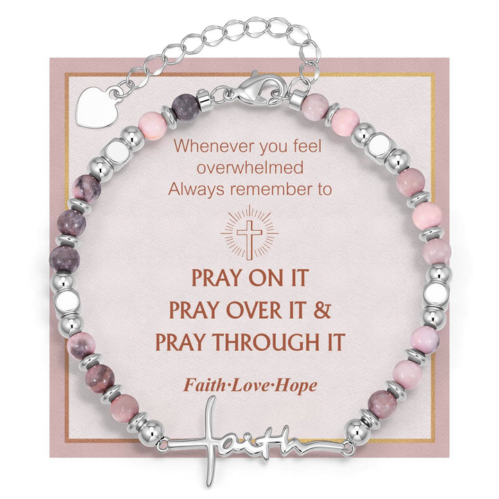 FREE Today: Natural Pink Zebra Stone Faith Cross Bracelet Overwhelmed Inspirational Jewelry Gift - Rhodochrosite - image 0