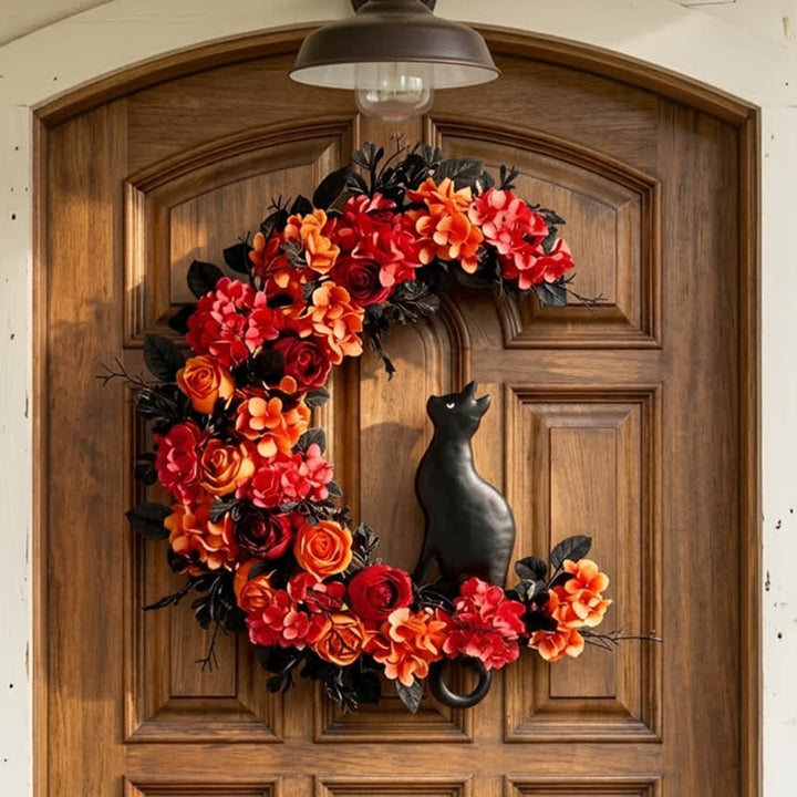Olivenorma Rattan Artificial Flower Autumn Black Cat Symbol Door Decoration - Moon & Cat - image 0