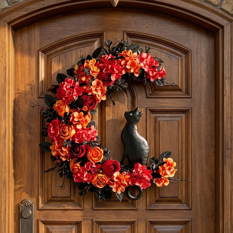 Olivenorma Rattan Artificial Flower Autumn Black Cat Symbol Door Decoration - image 1