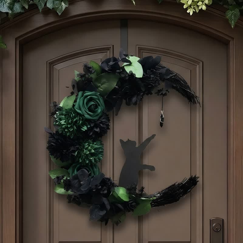 Olivenorma Straw Foam Silk Flower Mystical Black Cat Symbol Door Decoration - image 1
