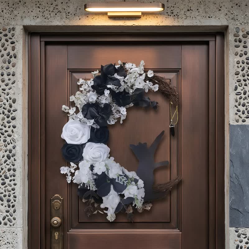 Olivenorma Plastic Dried Twigs Wood Cutout Cat Wreath Mysterious Protection Symbol Door Decoration - White - image 4