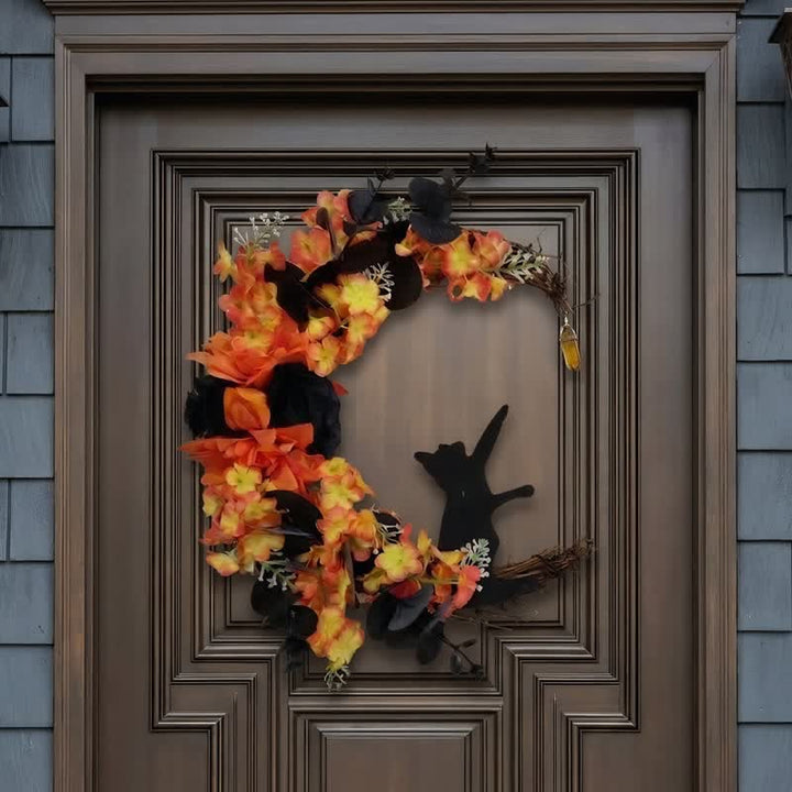 Olivenorma Plastic Dried Twigs Wood Cutout Cat Wreath Mysterious Protection Symbol Door Decoration - Orange-Red - image 0