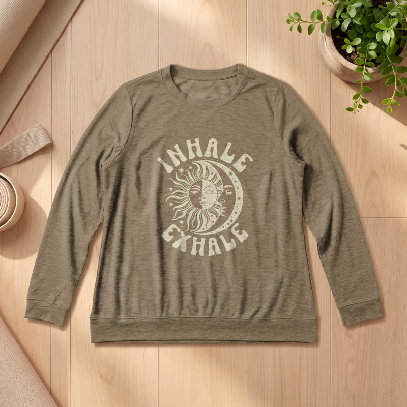 Olivenorma Soft Cotton Blend Sun Moon Inhale Exhale Print Women's Long Sleeve Shirt - Coffee - 2XL - image 24