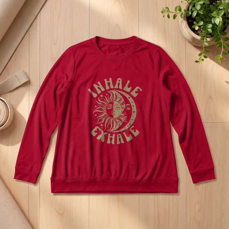 Olivenorma Soft Cotton Blend Sun Moon Inhale Exhale Print Women's Long Sleeve Shirt - Wine - 2XL - image 30