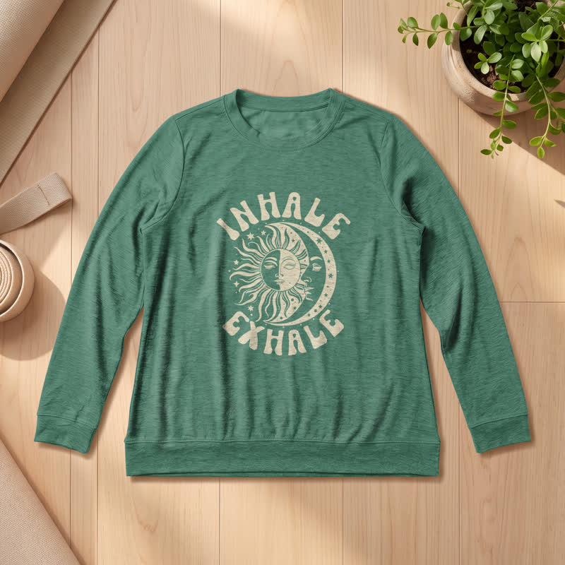Olivenorma Soft Cotton Blend Sun Moon Inhale Exhale Print Women's Long Sleeve Shirt - Vintage Green - 2XL - image 21