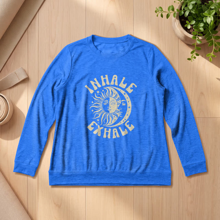 Olivenorma Soft Cotton Blend Sun Moon Inhale Exhale Print Women's Long Sleeve Shirt - Vintage Blue - 2XL - image 15