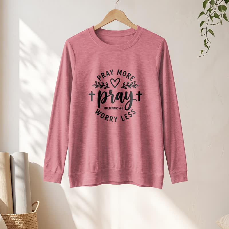 Olivenorma Soft Cotton Blend Pray More Worry Less Print Women's Long Sleeve Shirt - Rose Gold - 2XL - image 9
