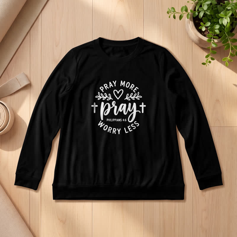Olivenorma Soft Cotton Blend Pray More Worry Less Print Women's Long Sleeve Shirt - Black - 2XL - image 6