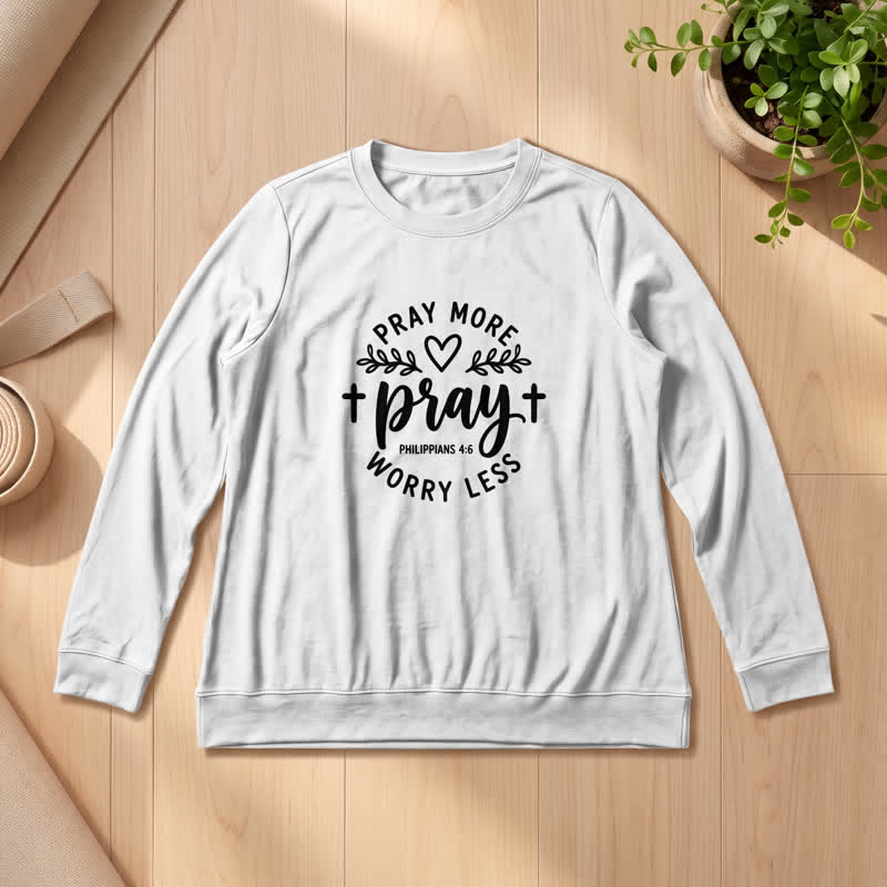 Olivenorma Soft Cotton Blend Pray More Worry Less Print Women's Long Sleeve Shirt - White - 2XL - image 3