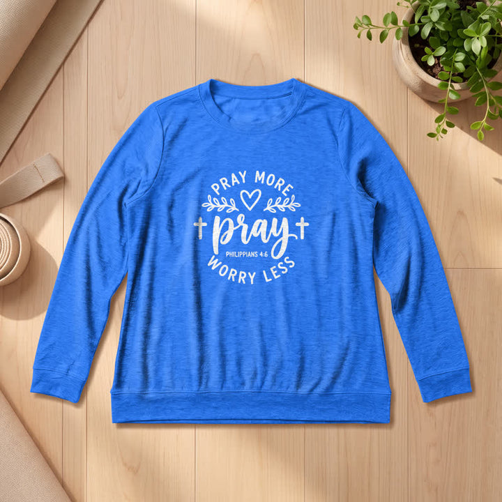 Olivenorma Soft Cotton Blend Pray More Worry Less Print Women's Long Sleeve Shirt - Vintage Blue - 2XL - image 18